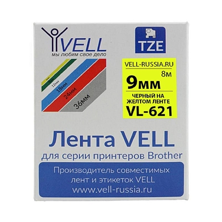 Картридж Vell VL-621 для принтера этикеток Brother, черный на желтом (9х8 мм)